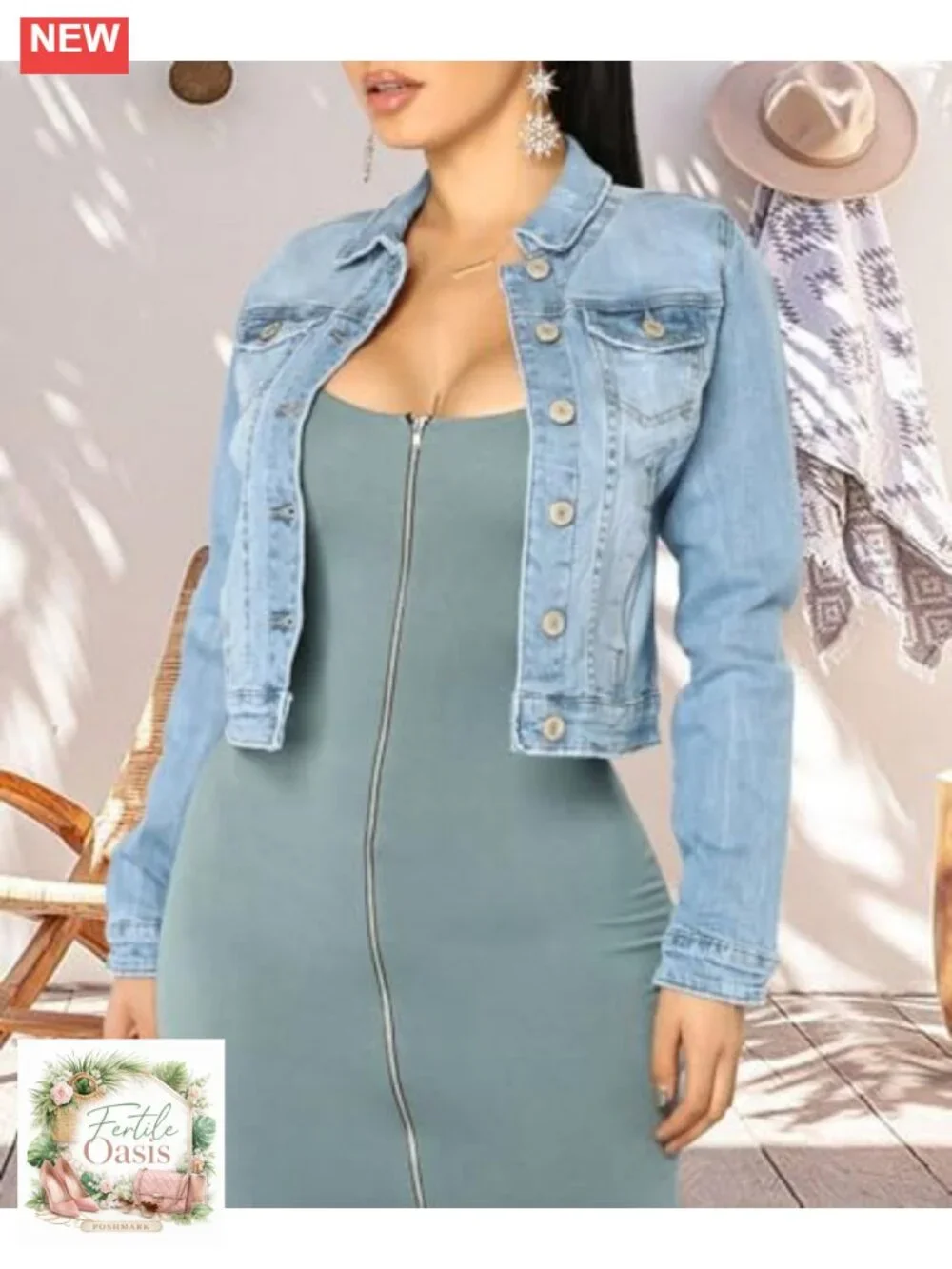 Women's Distressed Butterfly Denim Trucker Jacket Long Sleeve Classic Fit